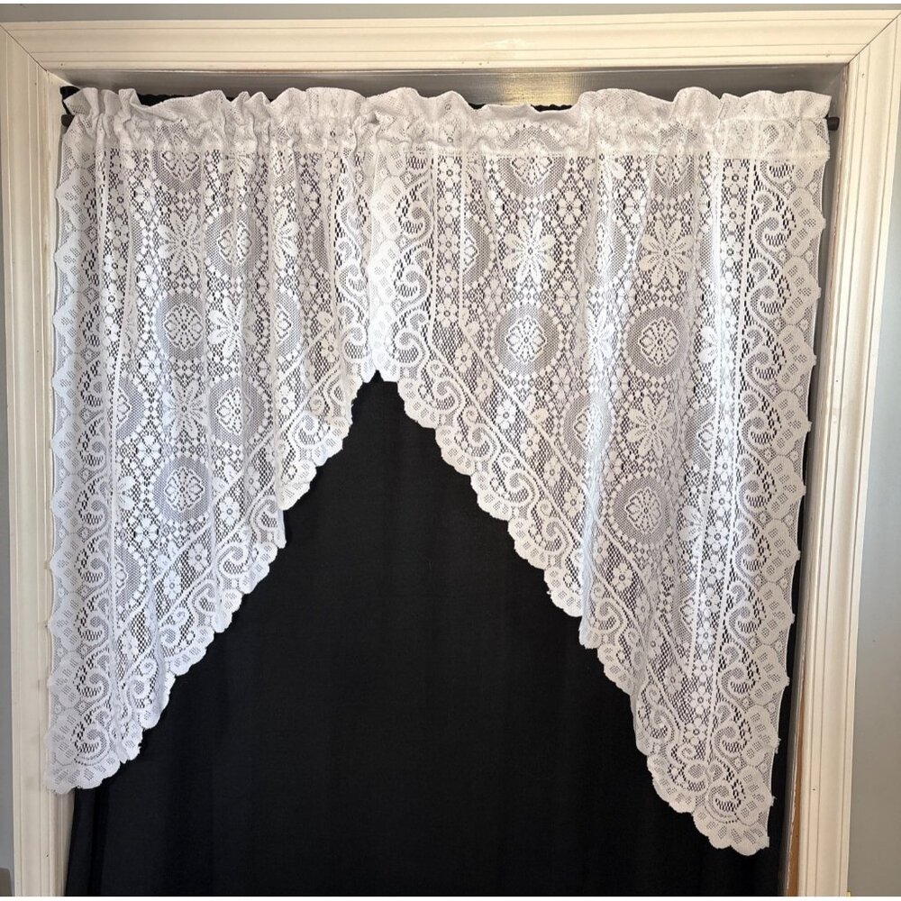 White Lace Door Curtains 56"W x 38"L Scalloped Design Elegance Sheer Panels Chin